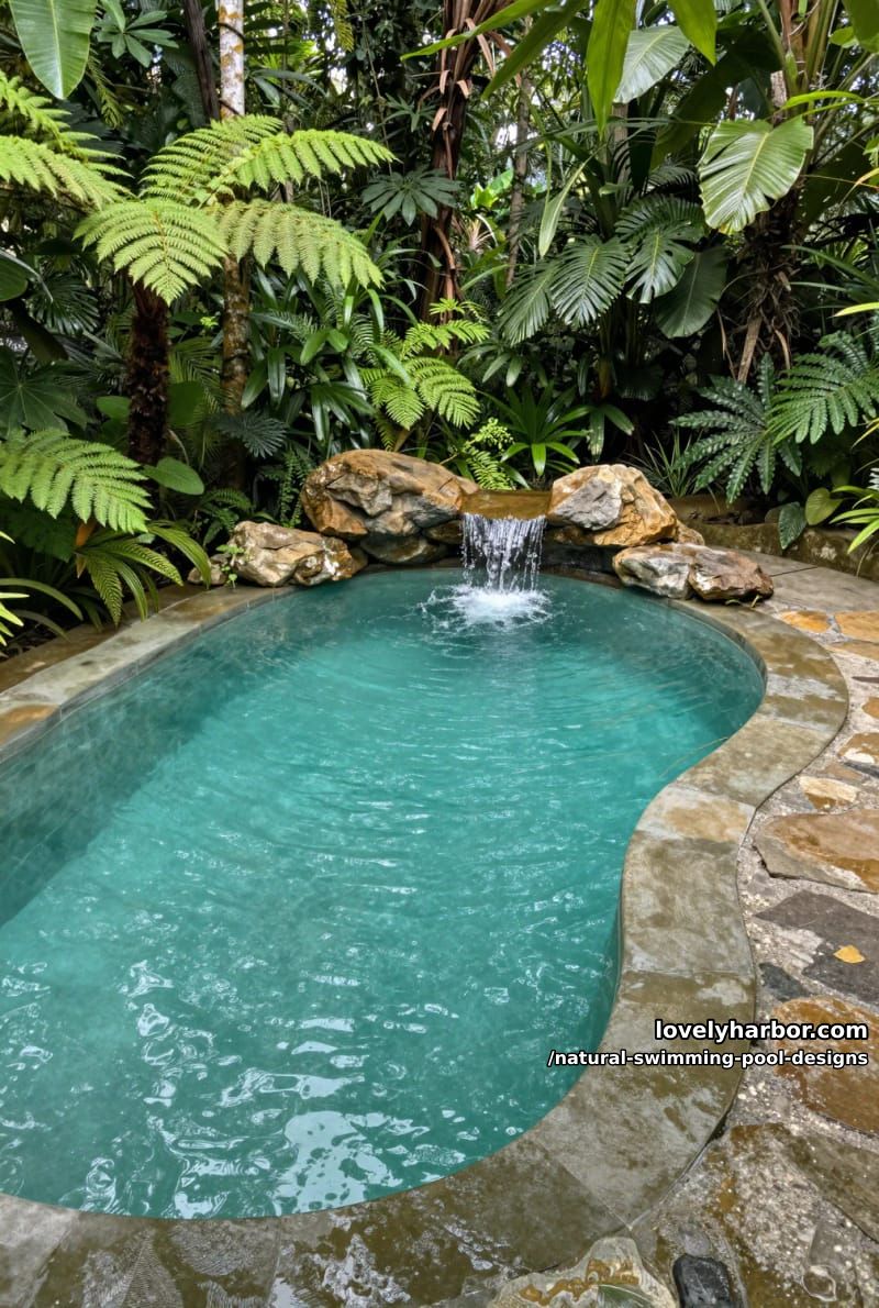turquoise pool with stone edging, waterfall, and tropical jungle plants. 1