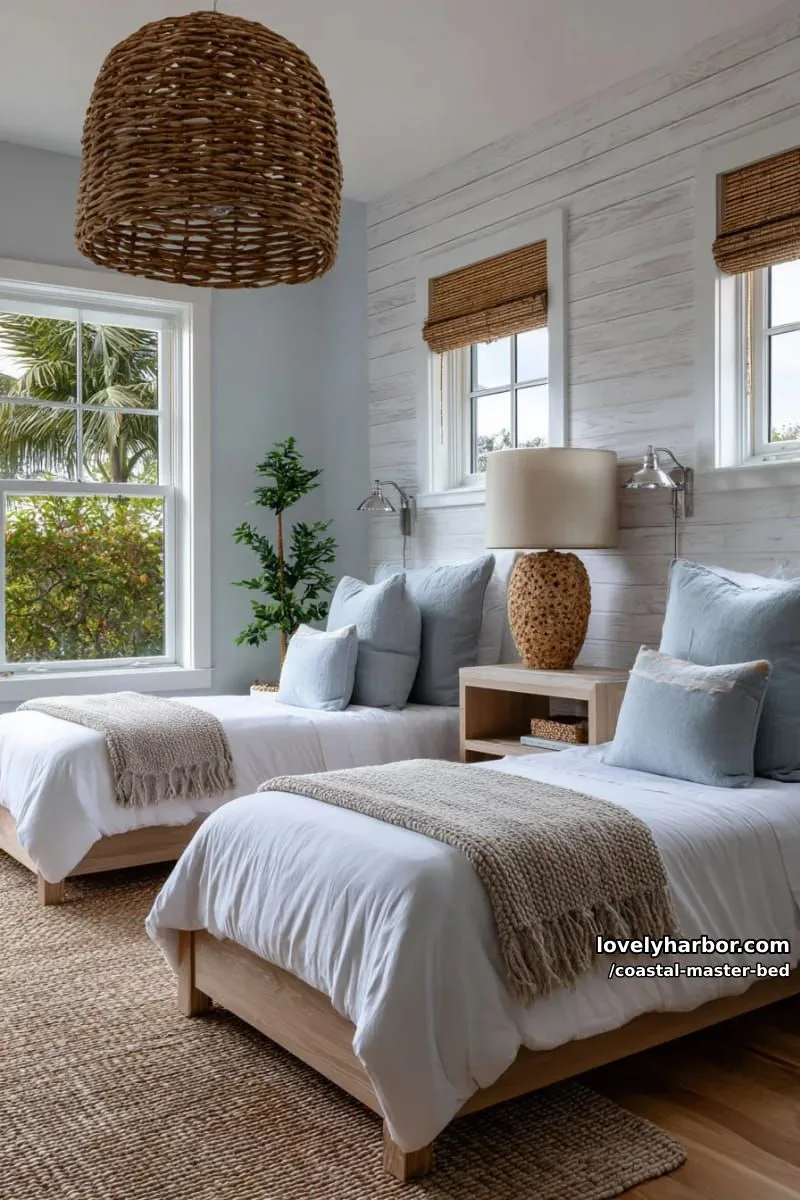 twin beds with white and blue linens, bamboo blinds, rattan pendant, coastal decor. 1