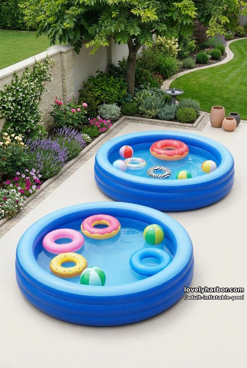 two round blue inflatable pools with playful floaters. 1
