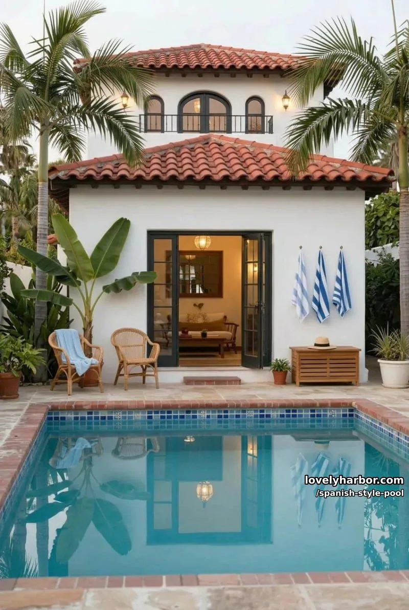 two-story stucco house with red-tiled roof, rattan chairs, and striped towels. 1