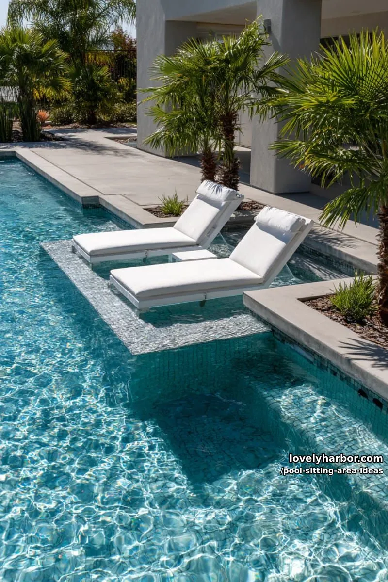two white lounge chairs on sun shelf in modern blue tiled pool. 1