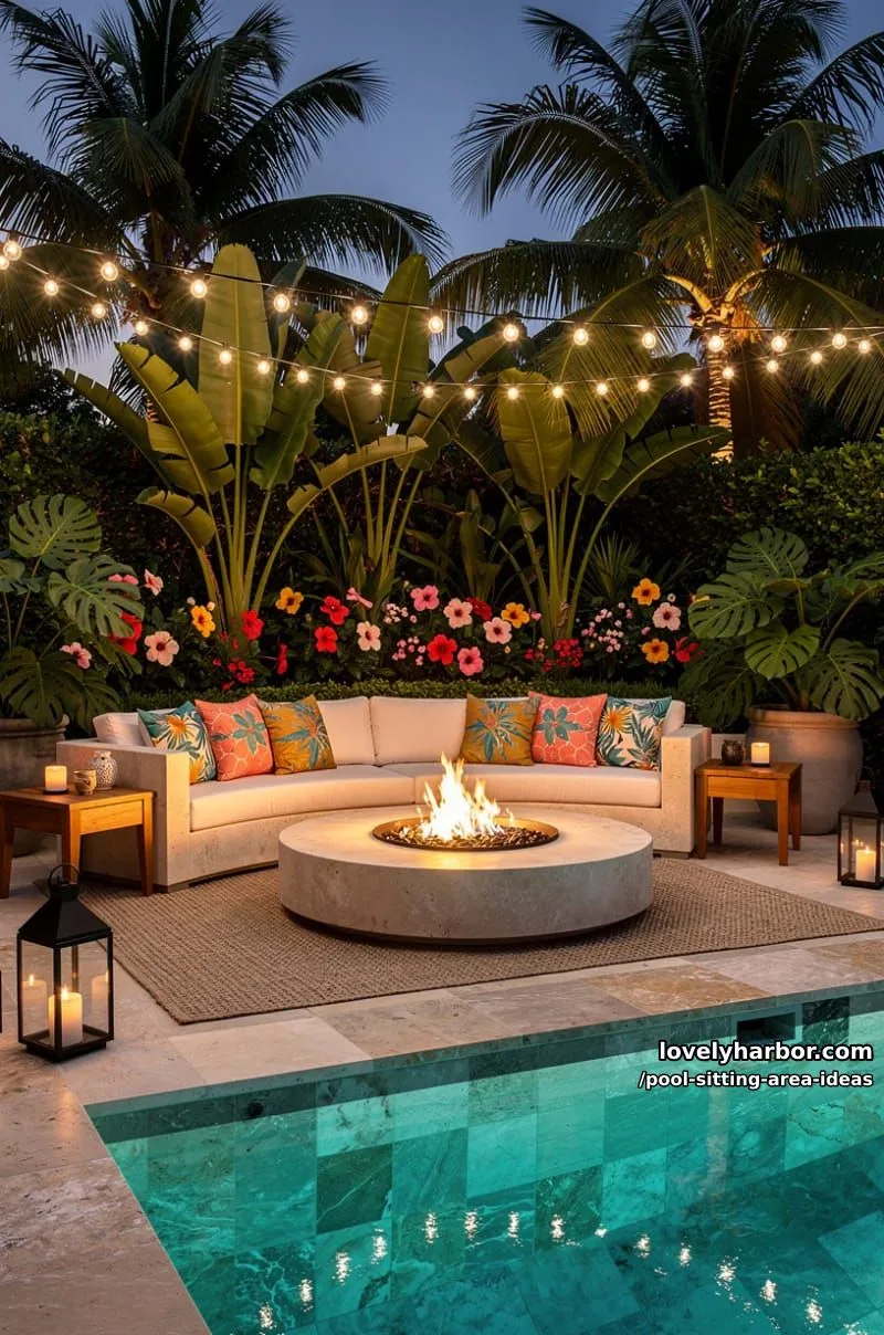 u-shaped stone sofa seating and pool surrounded by tropical landscaping. 1