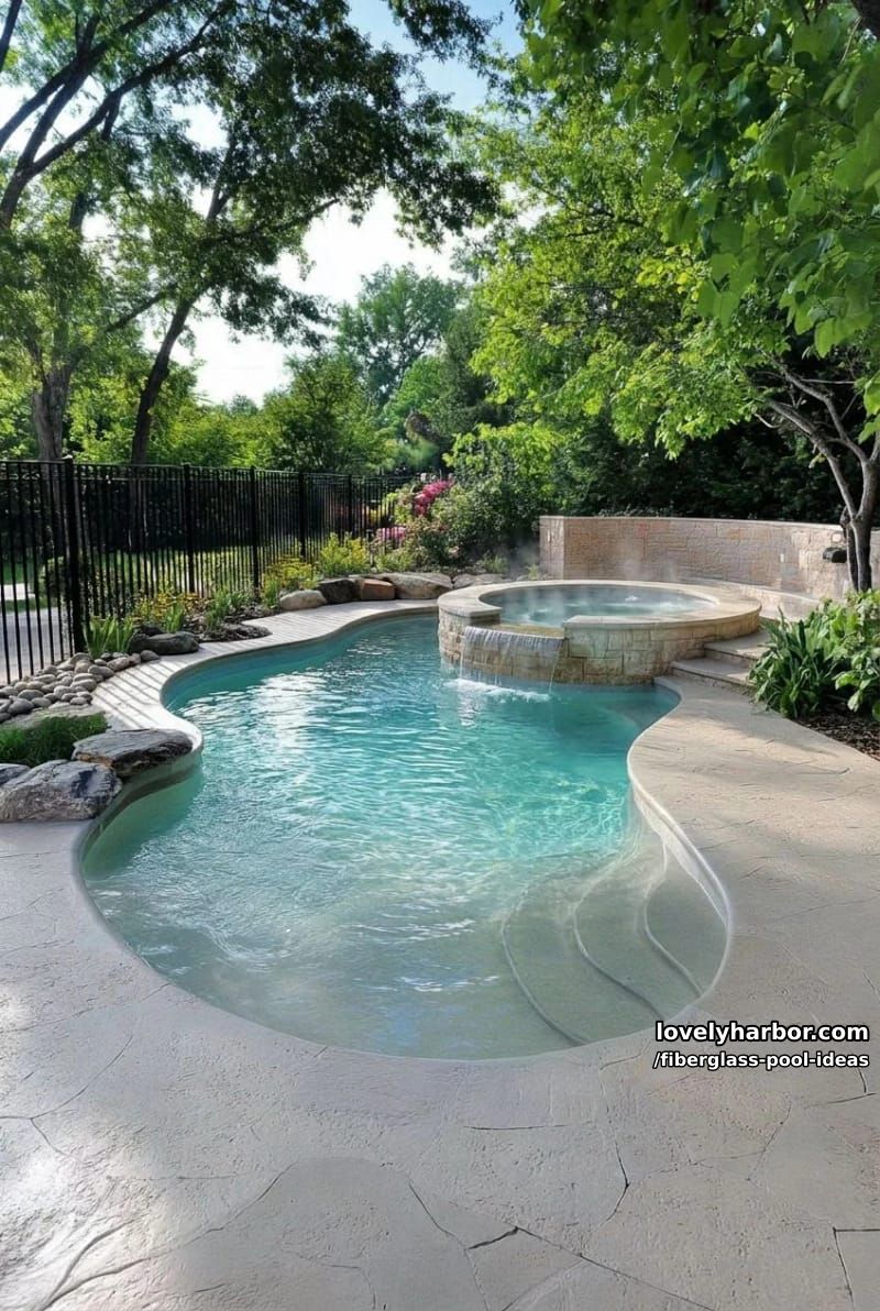 uniquely shaped pool with beach entry, stamped concrete decking, and wooded backdrop. 1