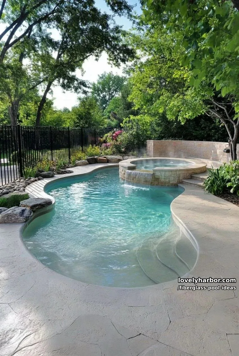 20 Fiberglass Pool Ideas for a Cozy Outdoor Retreat 13 uniquely shaped pool with beach entry, stamped concrete decking, and wooded backdrop. 1