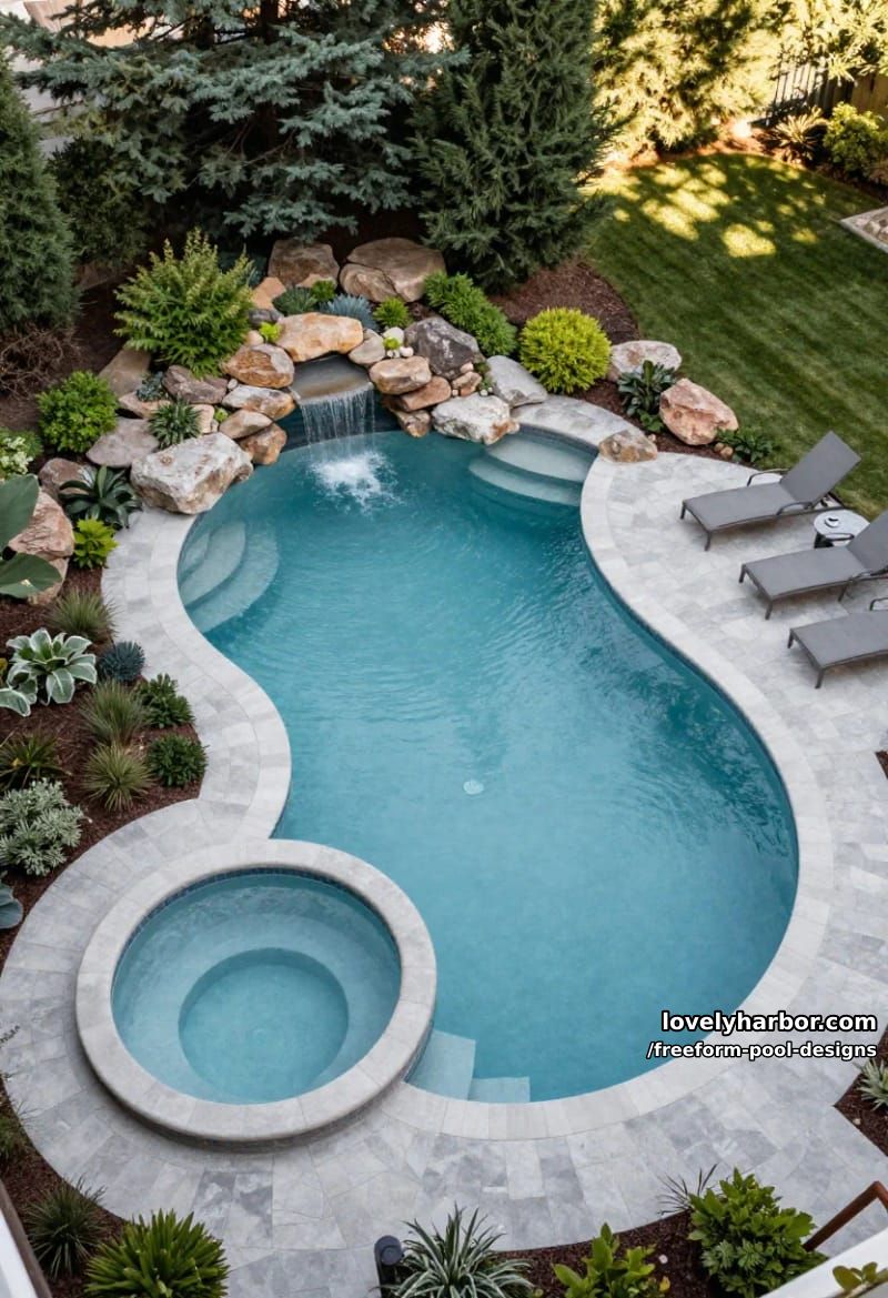 uniquely-shaped pool with circular hot tub, shallow entry, rock waterfall, and garden border. 1