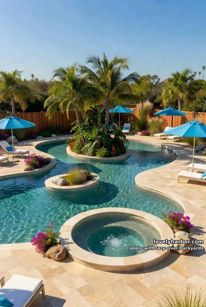 19 Pools with Lazy Rivers for Stunning Backyards 3 uniquely shaped pool with island, hot tub, and blue umbrellas. 1