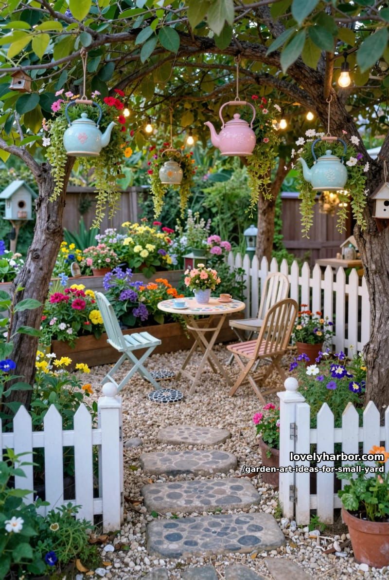 20 Creative Garden Art Ideas to Elevate Small Yards 23 upcycled tea kettle planters hanging from tree branches 1