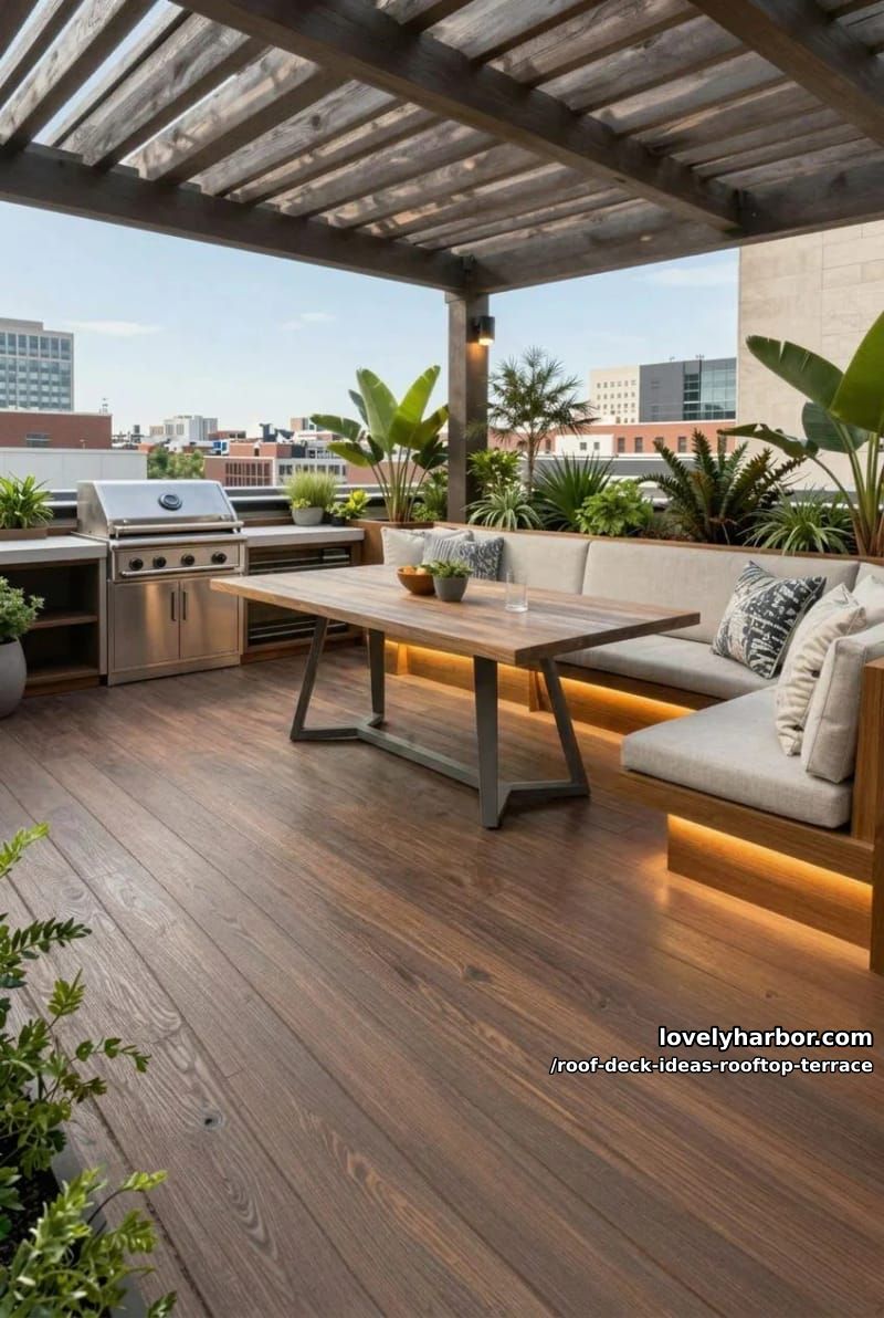 urban terrace with wooden decking, dining table, pergola, cushioned seating, and grill station. 1