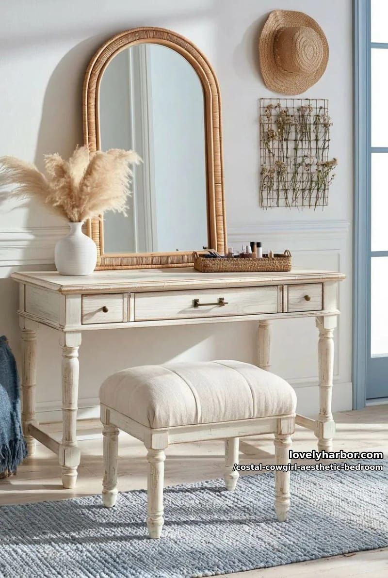 vanity desk area with arched mirror, grid of dried flowers, and straw hat 1