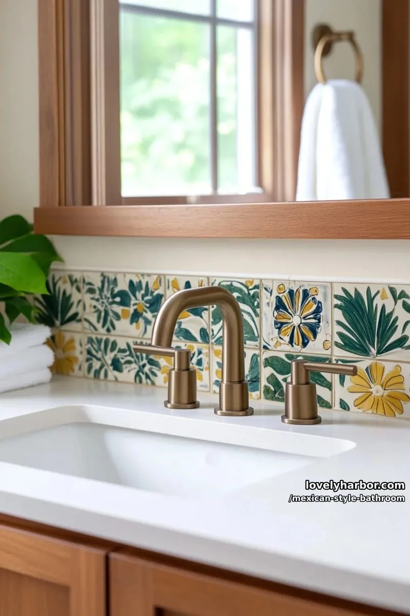 vanity with green floral tiles, antique brass faucet, and wood-framed mirror. 1