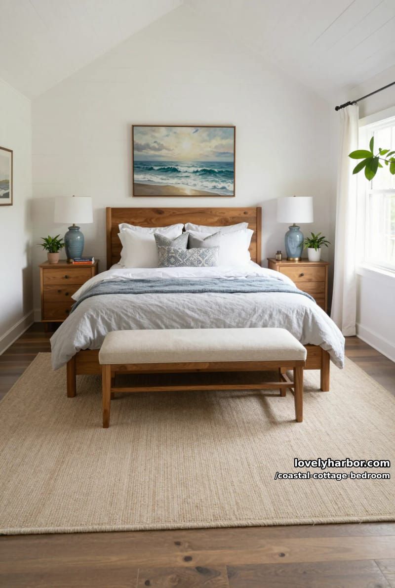 vaulted ceiling bedroom with blue-gray accents, wood furniture, and ocean painting. 1