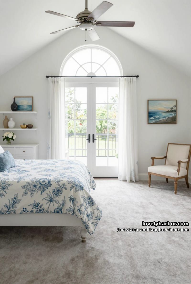 vaulted ceiling bedroom with floral bedding, arched window, seascape art, and soft carpet. 1