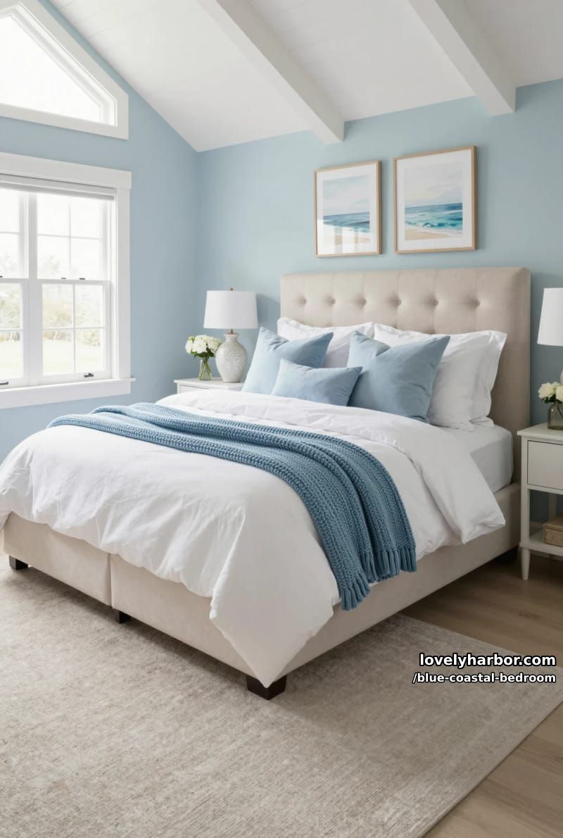 vaulted ceiling bedroom with tufted headboard and pastel coastal artwork. 1