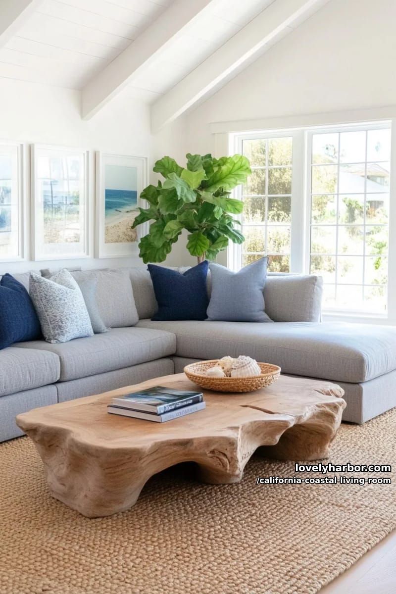 vaulted ceiling living room, gray sectional, gallery wall, and blue accents. 1