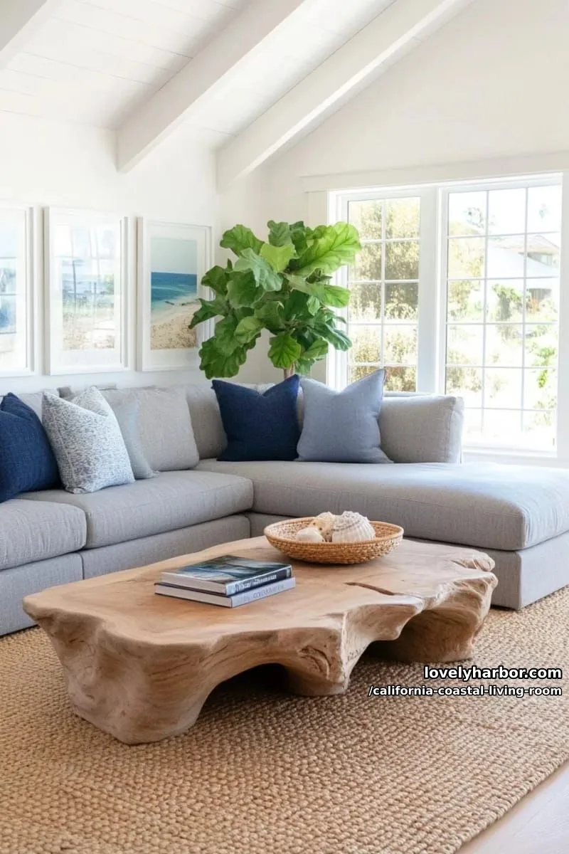 vaulted ceiling living room, gray sectional, gallery wall, and blue accents. 1