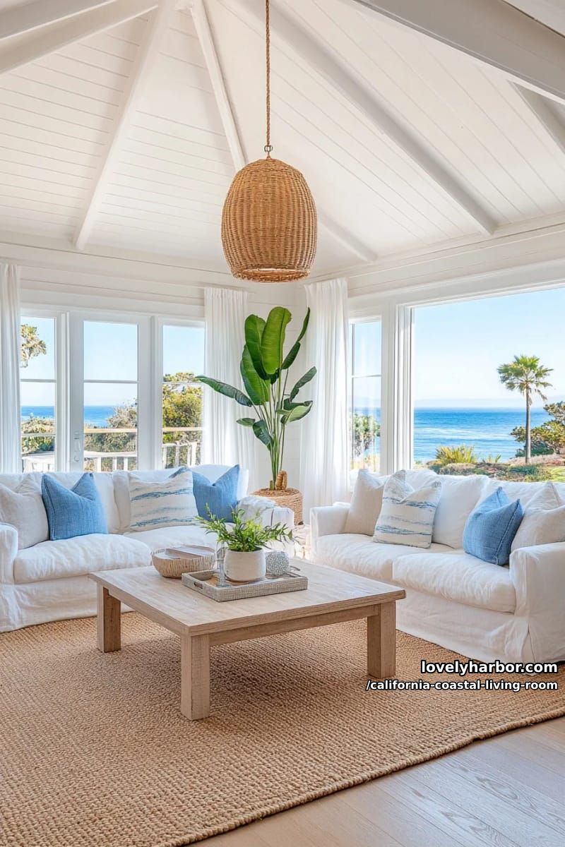 vaulted ceiling living room, white sofas, jute rug, and rattan lighting. 1