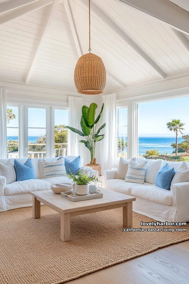 vaulted ceiling living room, white sofas, jute rug, and rattan lighting. 1