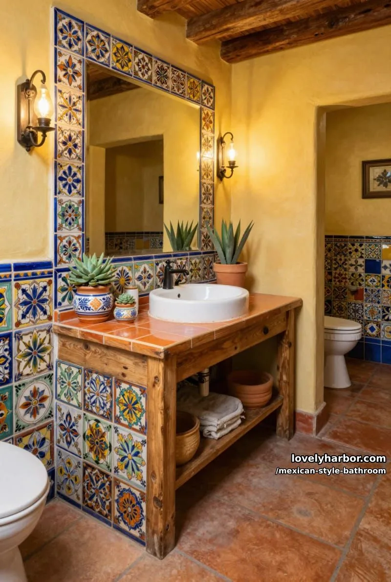 vibrant bathroom with talavera tiles, yellow walls, and rustic wood vanity. 1
