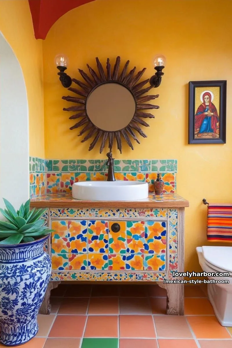 vibrant bathroom with yellow-orange stucco, talavera tiles, and sunburst mirror. 1