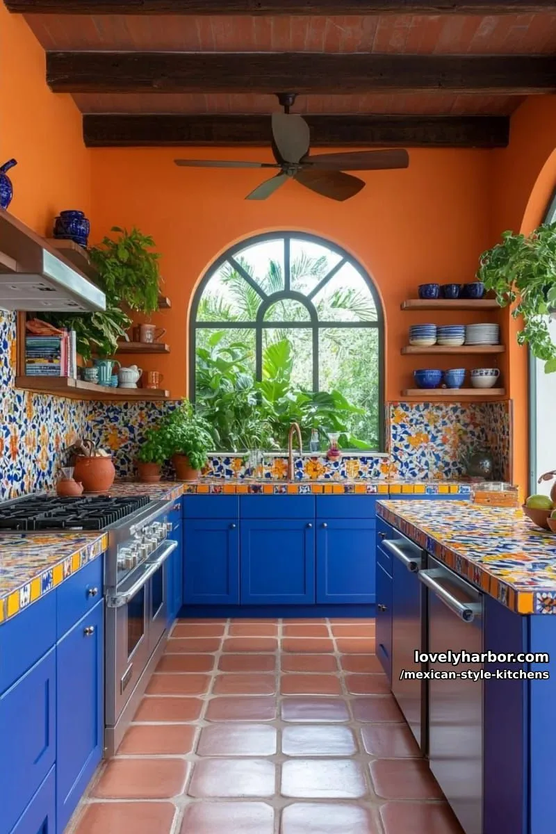 14 Mexican Style Kitchens You'll Want to Copy 2 vibrant kitchen with orange walls, blue cabinetry, and colorful ceramic tile accents. 1