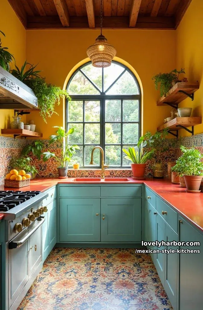 14 Mexican Style Kitchens You'll Want to Copy 19 vibrant kitchen with yellow walls, blue cabinets, multicolored tile backsplash, and plants. 1