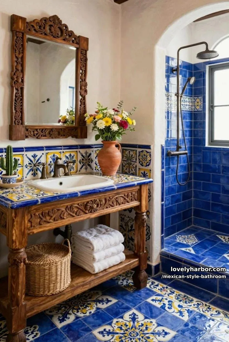 vibrant mexican-inspired bathroom with blue and white tiles and carved wood vanity. 1