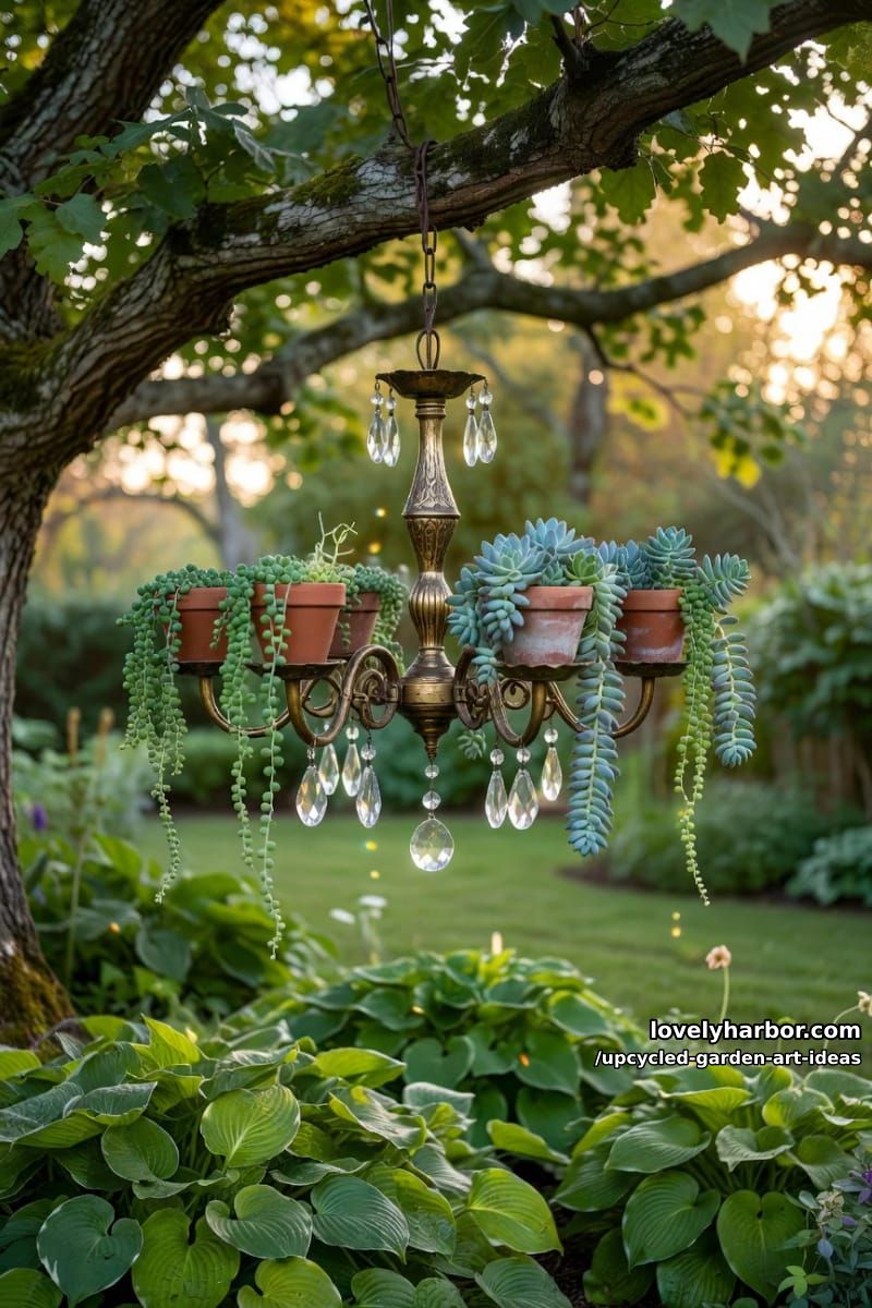 vintage chandelier turned hanging planter 1