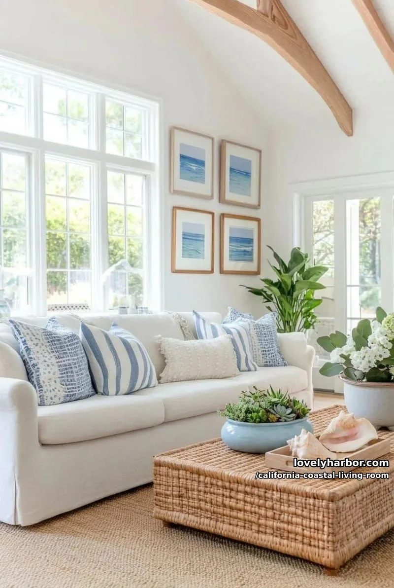 vintage coastal living room, rattan sideboard, striped pillows, and gallery wall. 1