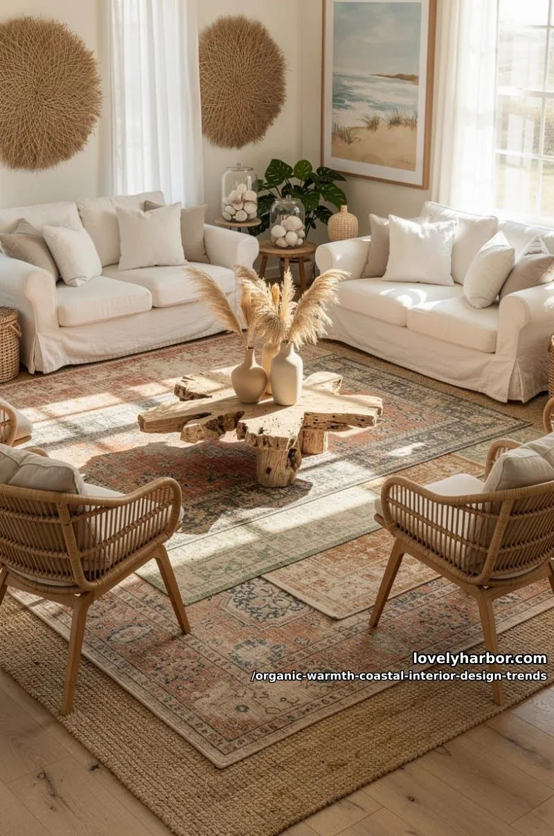 vintage rugs layered over a wide jute base 1