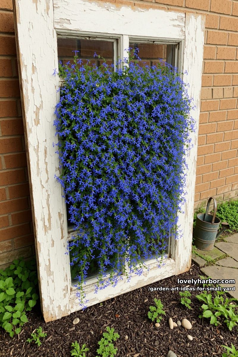 20 Creative Garden Art Ideas to Elevate Small Yards 22 vintage window frame filled with trailing blue lobelia flowers 1
