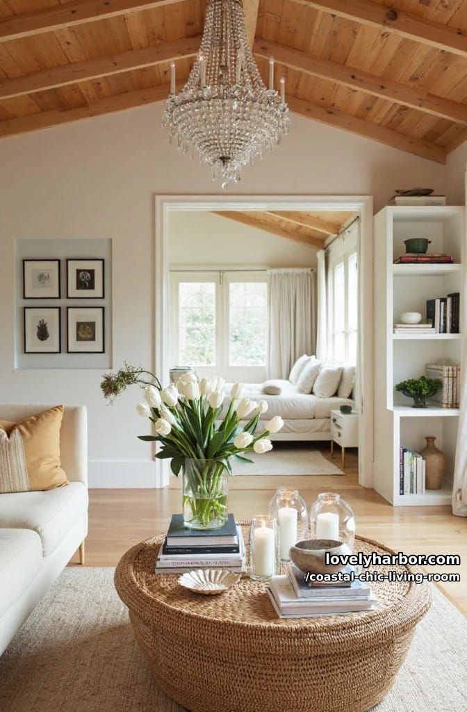 warm living room with rattan coffee table, exposed beams, art gallery, and bedroom view. 1