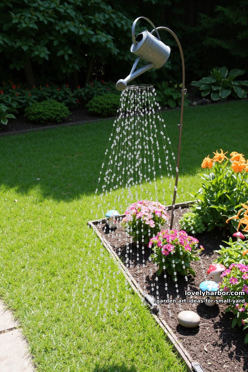 20 Creative Garden Art Ideas to Elevate Small Yards 17 watering can "rainfall" sculpture with crystal bead droplets 1