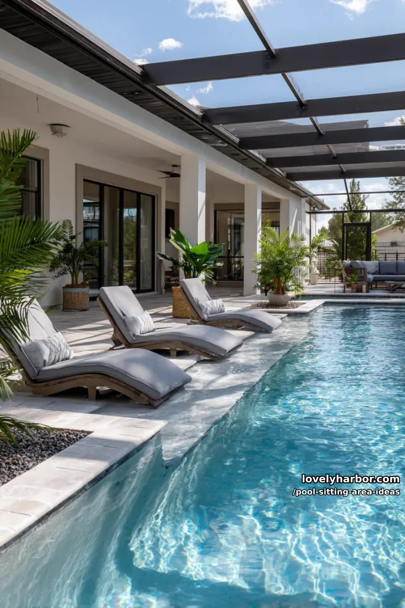 wave-shaped gray loungers on sun shelf in screened pool enclosure. 1
