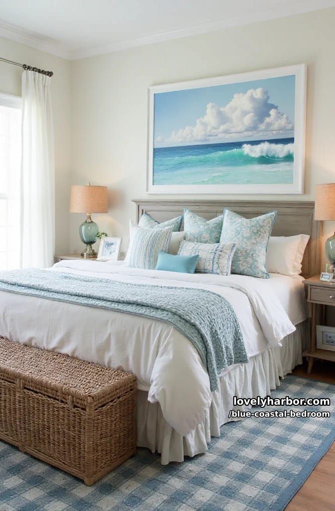 weathered wood headboard, ocean art, and blue plaid rug coastal bedroom. 1