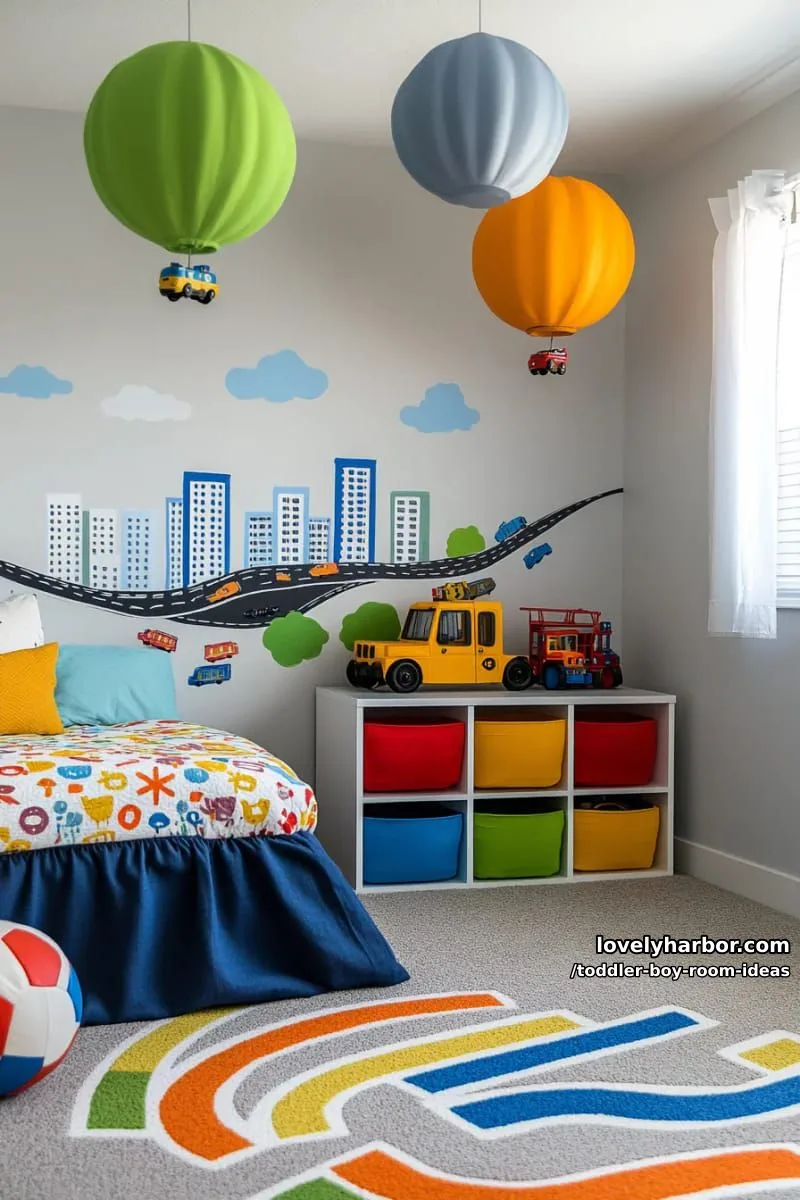 15 Playful Toddler Boy Room Design Ideas for Your Next Makeover 29 whimsical cityscape wall mural and colorful cubby storage for cars and trains. 1