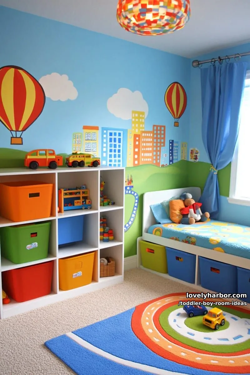 15 Playful Toddler Boy Room Design Ideas for Your Next Makeover 30 whimsical cityscape wall mural and colorful cubby storage for cars and trains. 1