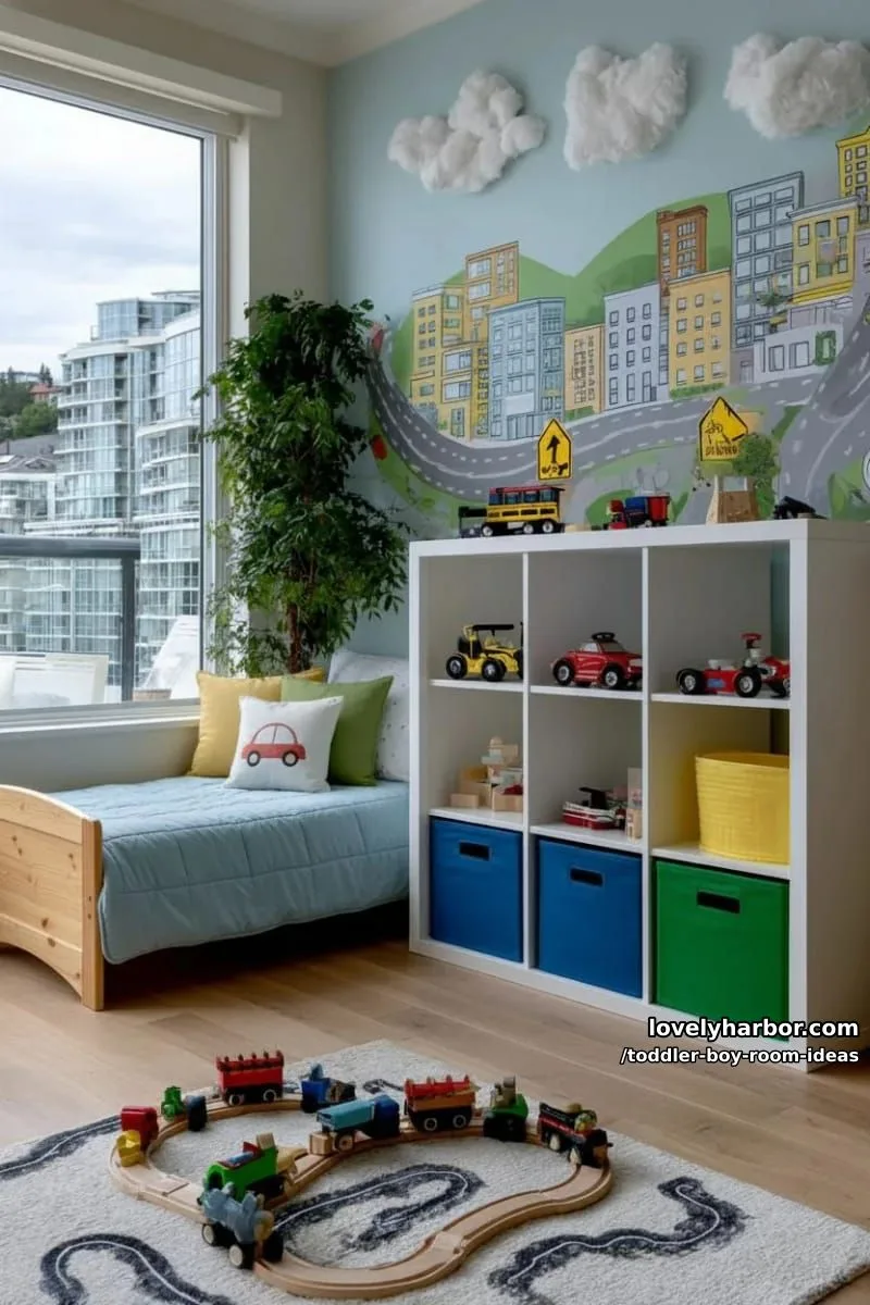 15 Playful Toddler Boy Room Design Ideas for Your Next Makeover 31 whimsical cityscape wall mural and colorful cubby storage for cars and trains. 1