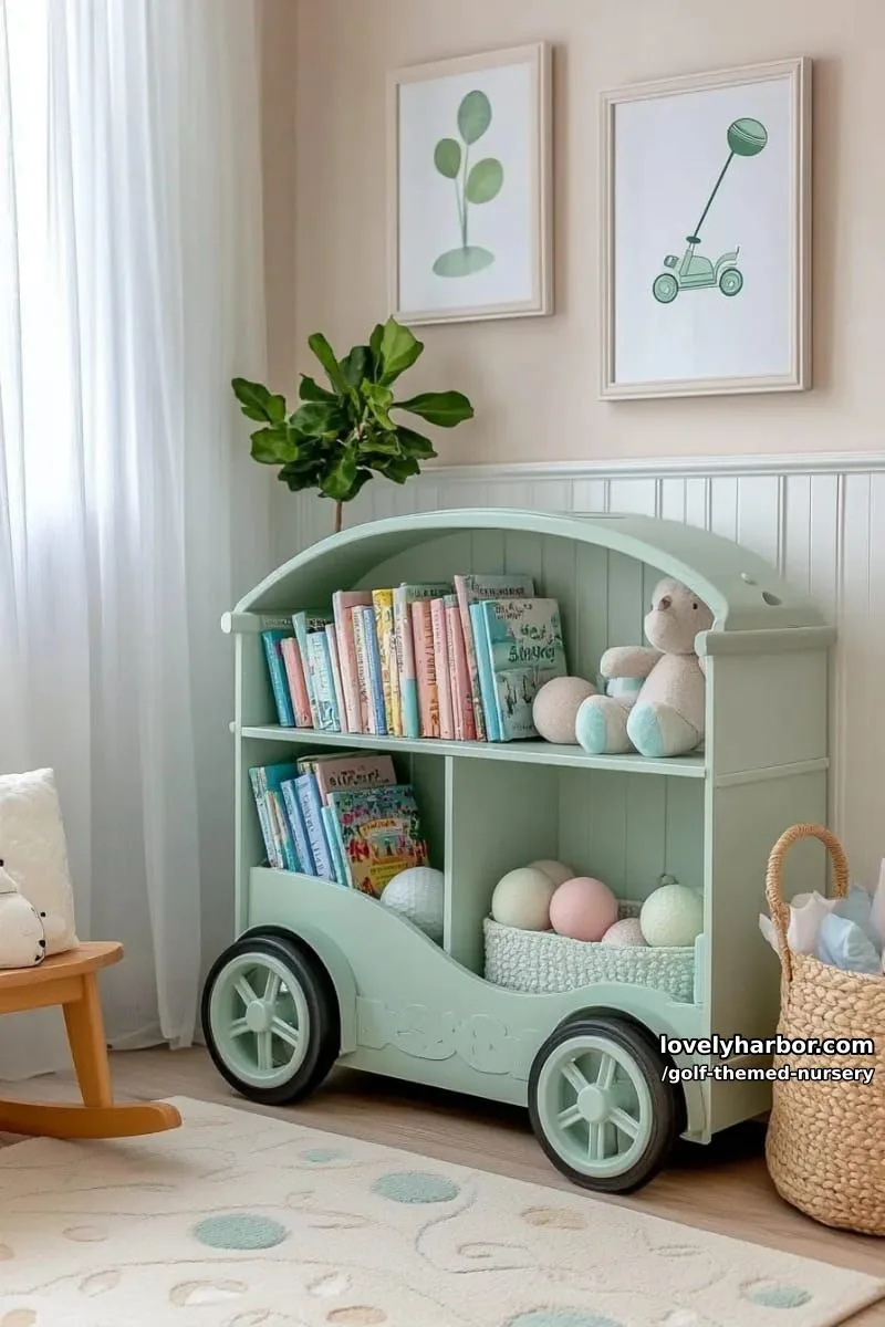 whimsical golf cart-shaped bookshelf with soft pastel nursery colors 1