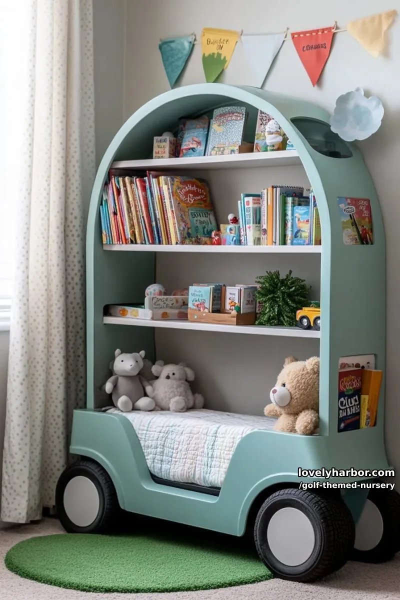 whimsical golf cart-shaped bookshelf with soft pastel nursery colors 1