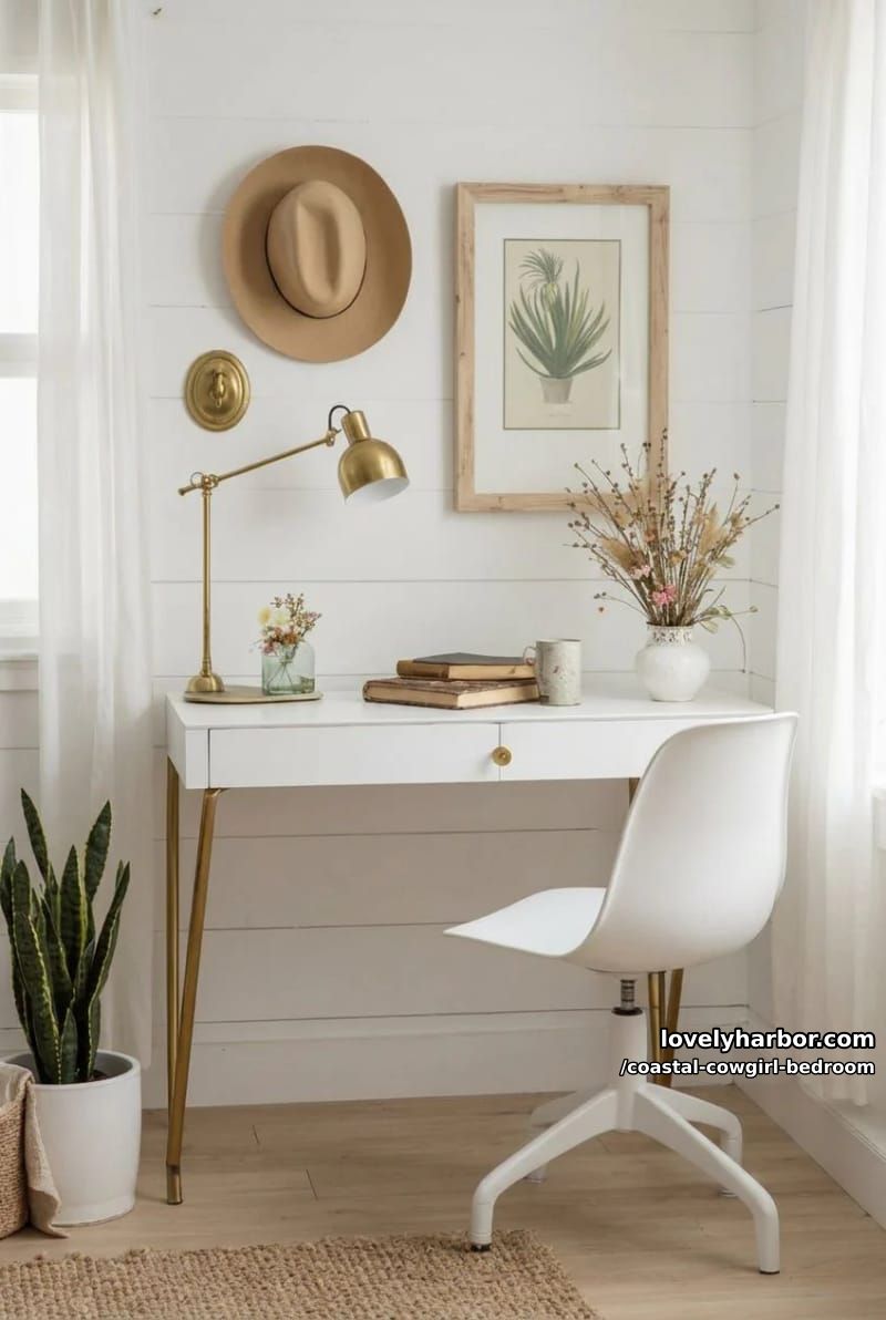white and gold desk workspace with vintage and modern decor, cowboy hat accent. 1