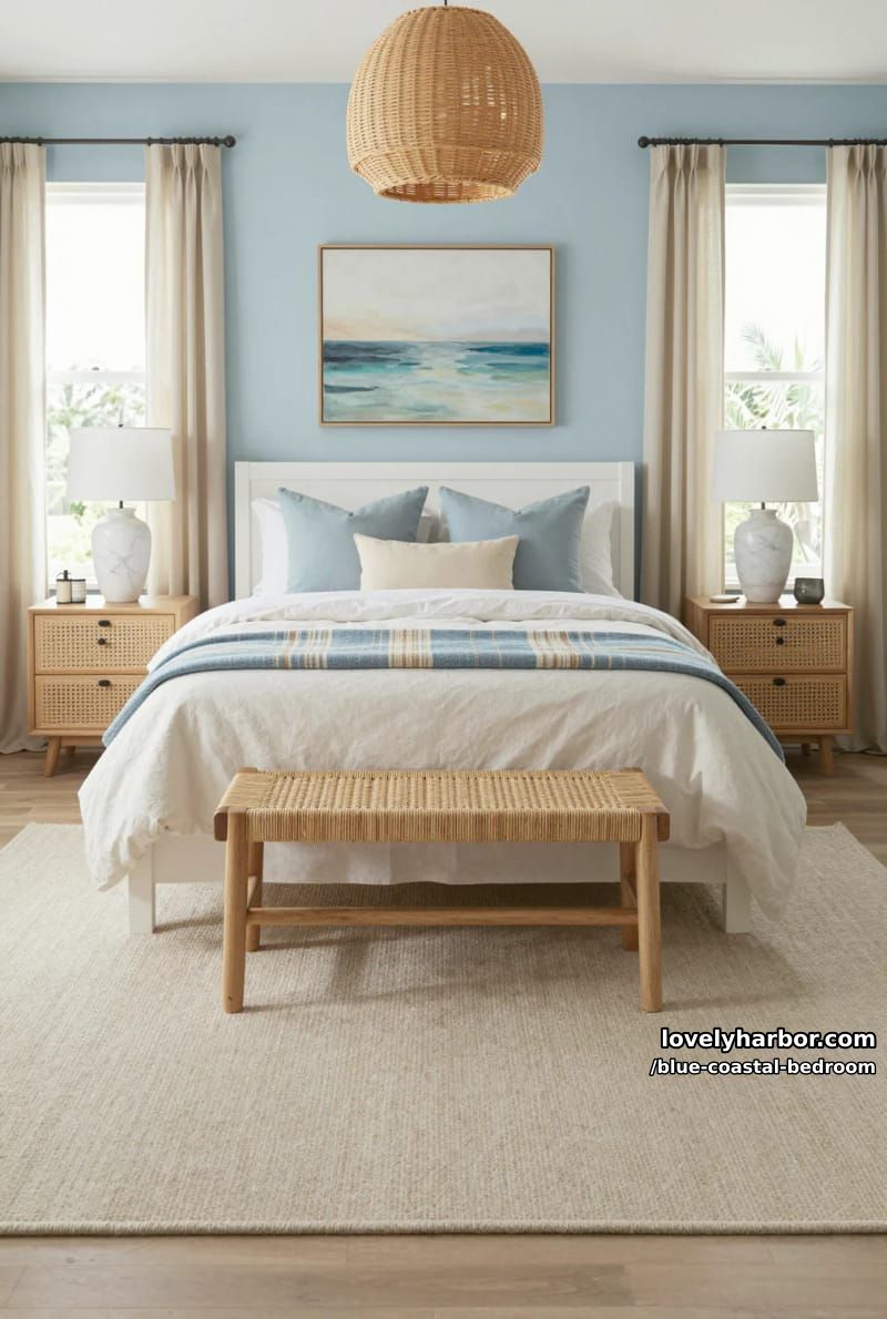 white bed with beige and blue bedding, rattan nightstands, and seascape painting. 1