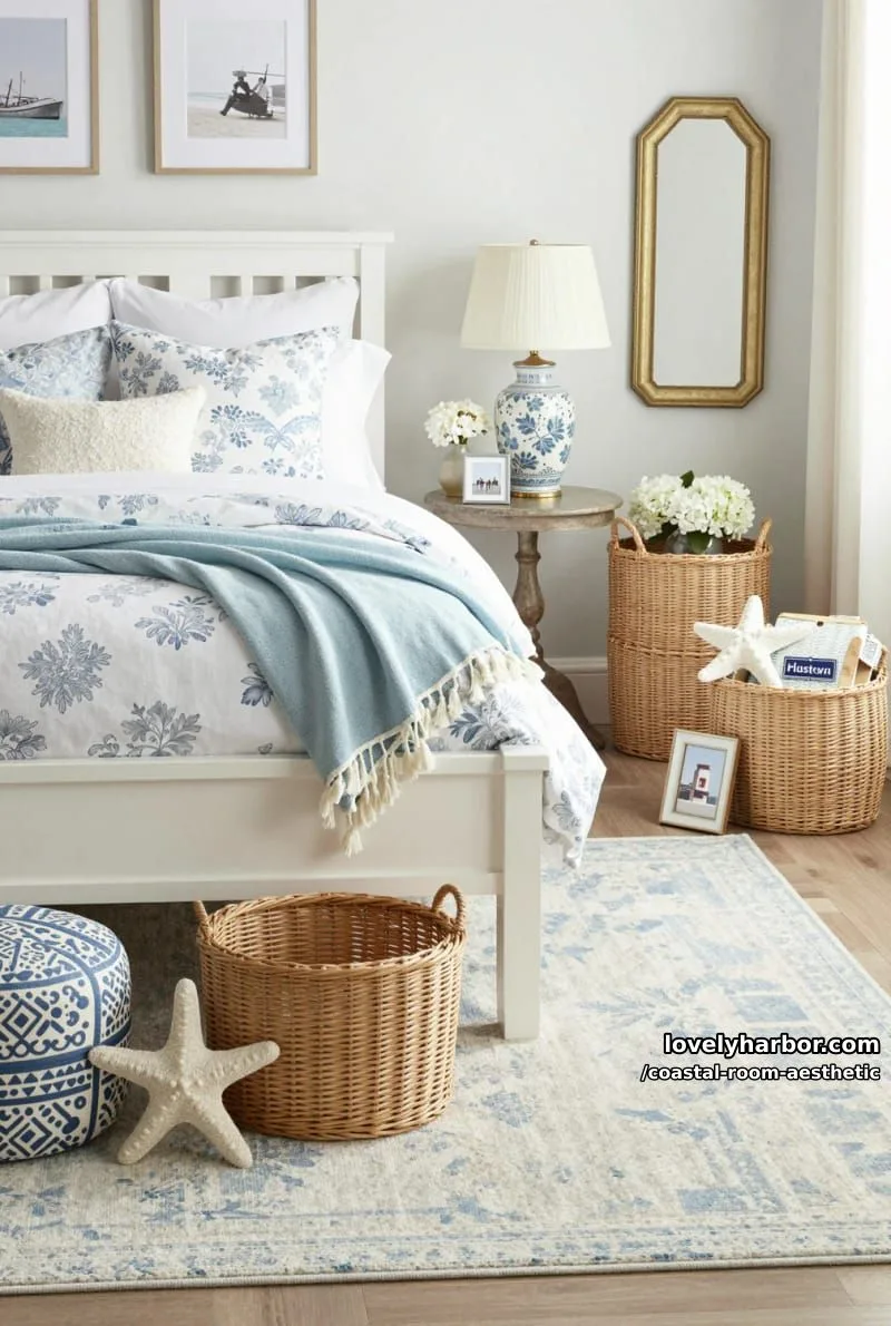 white bed with blue floral comforter, rattan baskets, and soft blue accents. 1