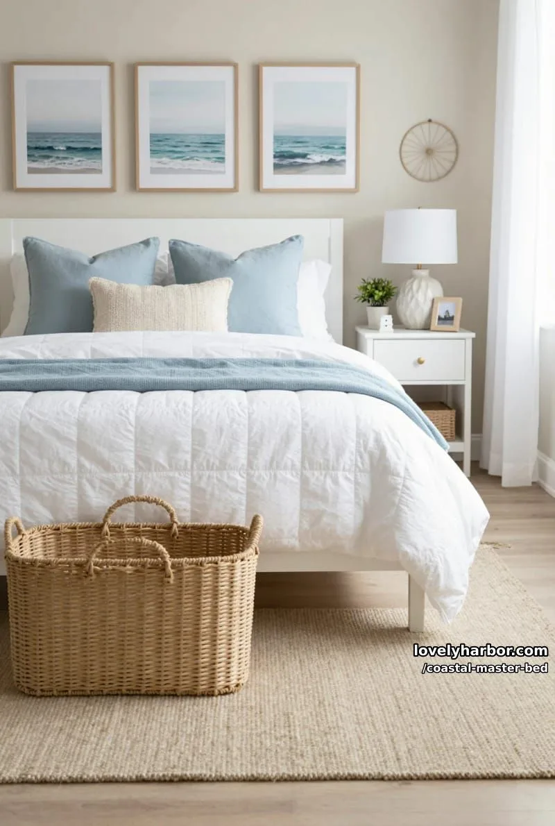 white bed with blue throw, seascape art, jute rug, and serene accents. 1