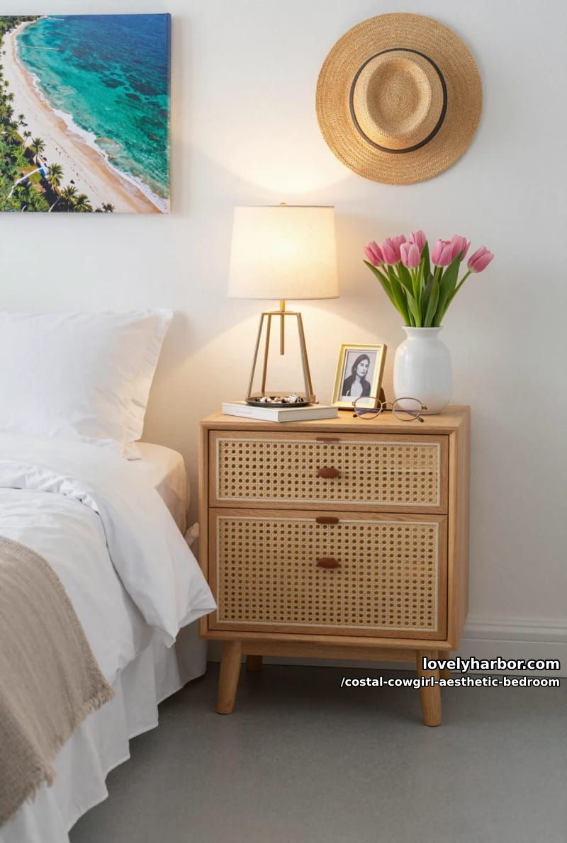 white bedding with woven nightstand, pink tulips, straw hat, and shoreline art 1