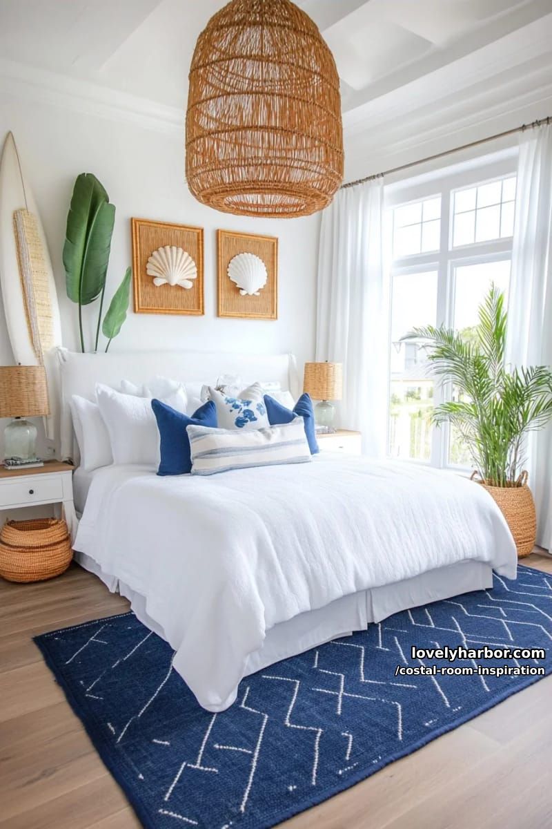 white coastal bedroom with blue rug, shell pillows, and surfboard decor. 1