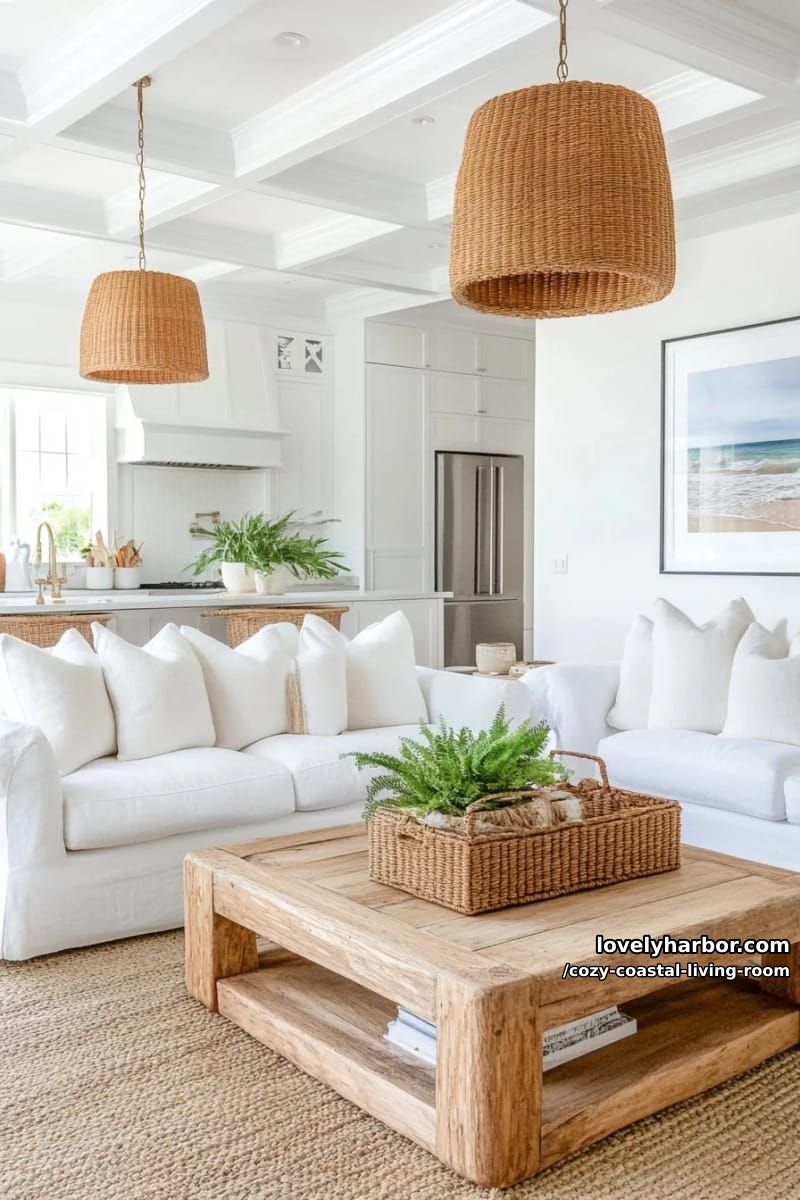 white coastal living room with jute rug and woven pendant lights 1
