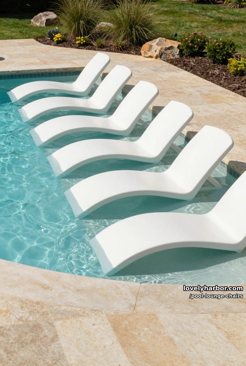 white contoured lounge chairs in shallow pool area, stone deck, landscaped yard. 1