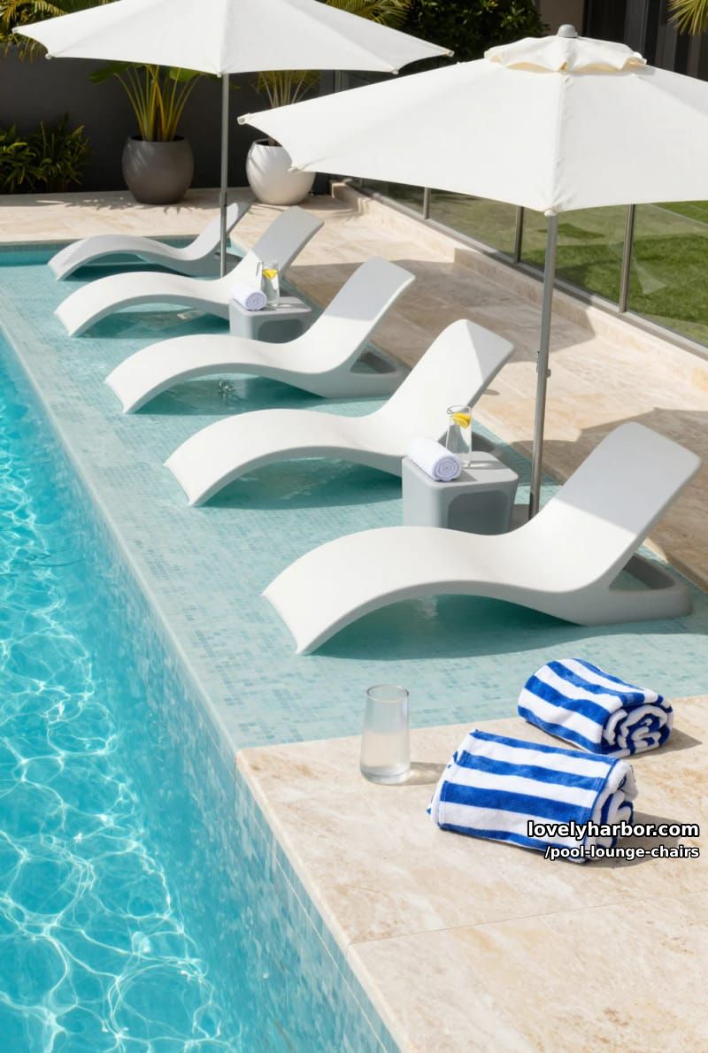 white curved lounge chairs partially submerged in sun shelf pool area. 15