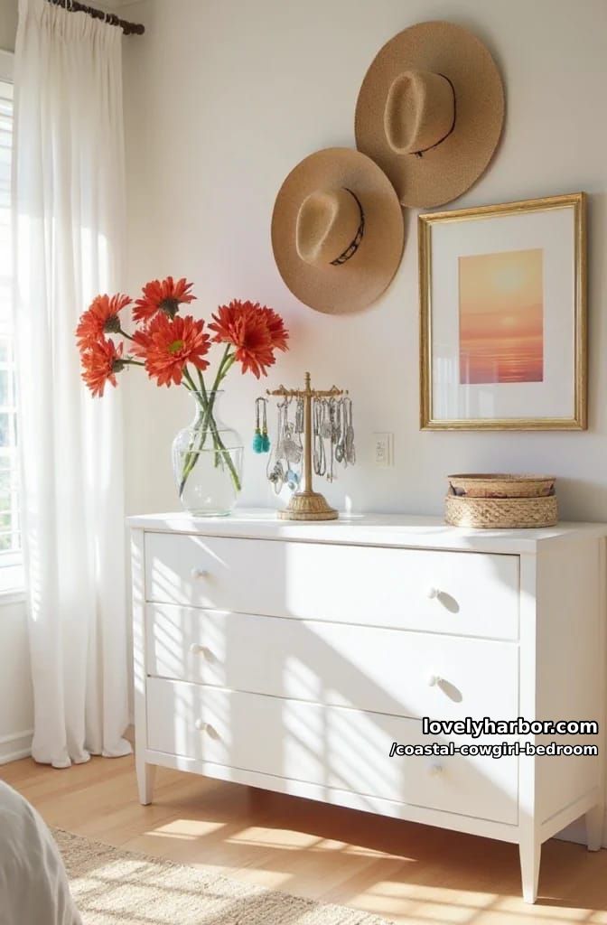 white dresser with red carnations, straw hats, sunset beach art, jewelry stand. 1