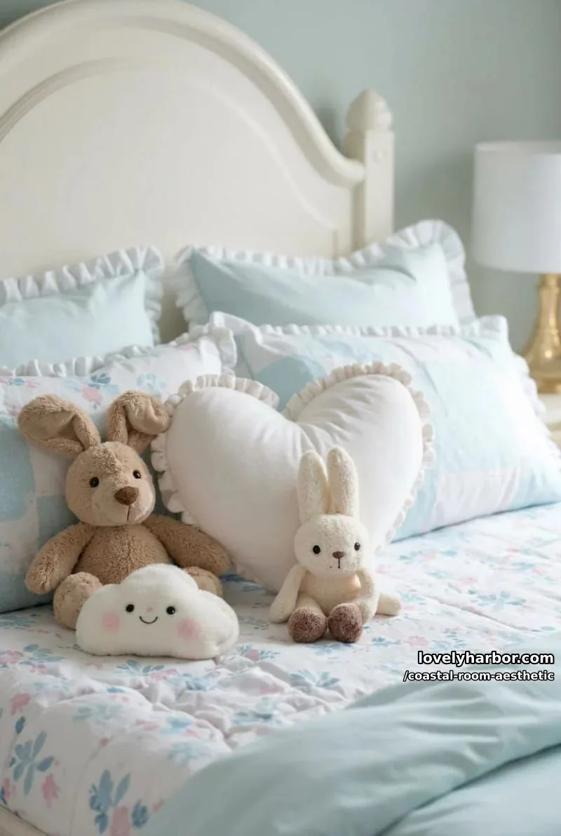white headboard bed with frilled pillows, patchwork quilt, and plush bunny toy. 1